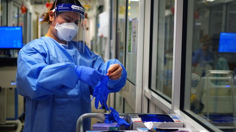 A nurse puts on PPE in a ward for COVID patients at King's College Hospital, in south east London (file pic)