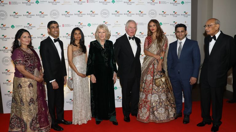 The Prince of Wales and the Duchess of Cornwall with with Home Secretary Priti Patel, Chancellor of the Exchequer Rishi Sunak and Akshata Murthy as they attend a reception to celebrate the British Asian Trust at the British Museum, in London. Picture date: Wednesday February 9, 2022.
