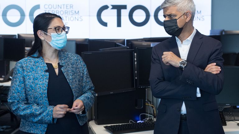 EMBARGOED TO 2200 MONDAY JUNE 28 Home Secretary Priti Patel and London Mayor, Sadiq Khan, during a visit to the new Counter-Terrorism Operations Centre (CTOC) in West Brompton, London. Picture date: Monday June 28, 2021.