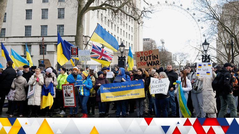 People take part in a pro-Ukrainian demonstration near Downing Street, in London, Britain, February 24, 2022. REUTERS/Peter Cziborra
