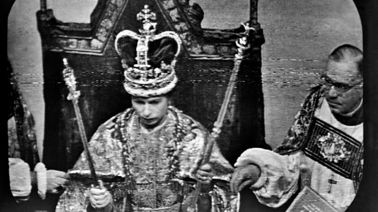 **Screen Grab** Queen Elizabeth II wears St Edward&#39;s Crown, at the Coronation ceremony at Westminster Abbey. This was the view as seen by television viewers immediately after the Archbishop of Canterbury, Dr Geoffrey Fisher, had placed the Crown upon the Queen&#39;s head.