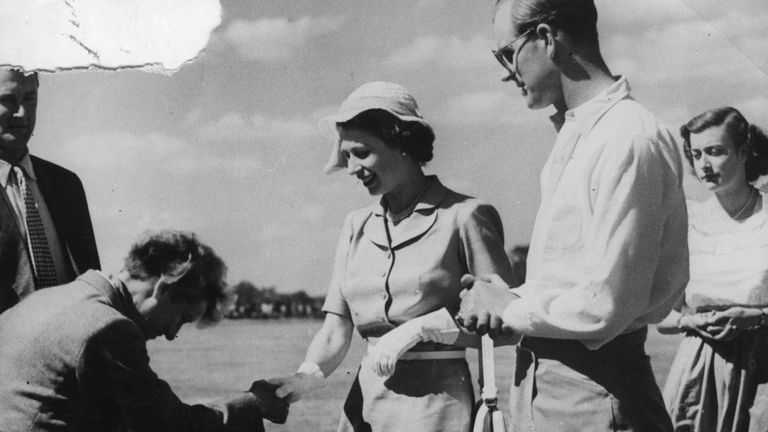 Princess Elizabeth meets members of the Nyeri polo club with the Duke of Edinburgh, shortly before the death of her father King George VI.