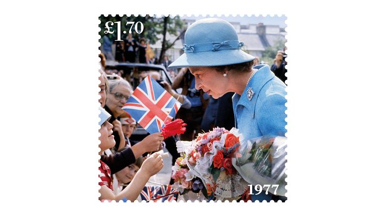 EMBARGOED TO 0001 FRIDAY FEBRUARY 4 Undated handout photo issued by the Royal mail of one of eight new stamps showing Queen Elizabeth II during a Silver Jubilee walkabout in Camberwell in June 1977, which has been issued to mark the monarch&#39;s Platinum Jubilee. Issue date: Friday February 4, 2022.