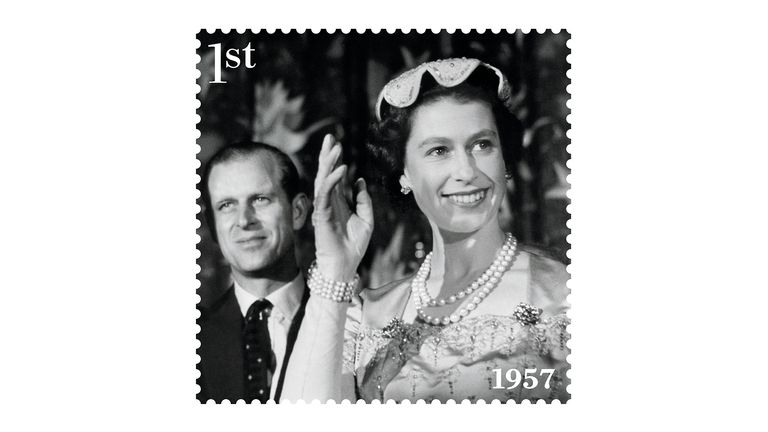 EMBARGOED TO 0001 FRIDAY FEBRUARY 4 Undated handout photo issued by the Royal mail of one of eight new stamps showing a young Queen Elizabeth II alongside the Duke of Edinburgh during a tour to Washington DC in the US in 1957, which has been issued to mark the monarch&#39;s Platinum Jubilee. Issue date: Friday February 4, 2022.