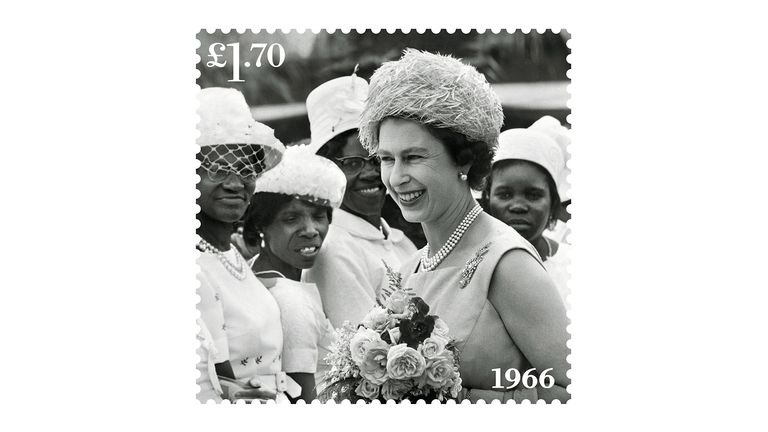 EMBARGOED TO 0001 FRIDAY FEBRUARY 4 Undated handout photo issued by the Royal mail of one of eight new stamps showing Queen Elizabeth II during a tour of the West Indies, in Victoria Park, St Vincent in 1966, which has been issued to mark the monarch&#39;s Platinum Jubilee. Issue date: Friday February 4, 2022.