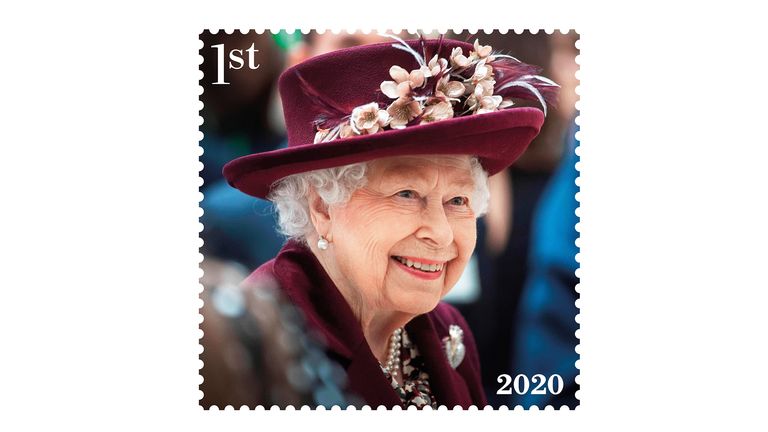 EMBARGOED TO 0001 FRIDAY FEBRUARY 4 Undated handout photo issued by the Royal mail of one of eight new stamps showing Queen Elizabeth II smiling, wearing a burgundy outfit and hat, during a visit to the MI5 headquarters in February 2020, which has been issued to mark the monarch&#39;s Platinum Jubilee. Issue date: Friday February 4, 2022.