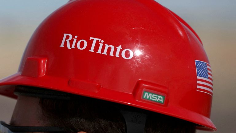 FILE PHOTO: The Rio Tinto logo is displayed on a visitor&#39;s helmet at a borates mine in Boron, California, U.S., November 15, 2019