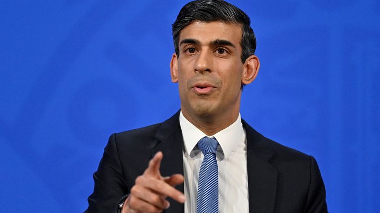 Britain's Chancellor of the Exchequer Rishi Sunak hosts a news conference in the Downing Street Briefing Room in London, Britain February 3, 2022. Justin Tallis/Pool via REUTERS
