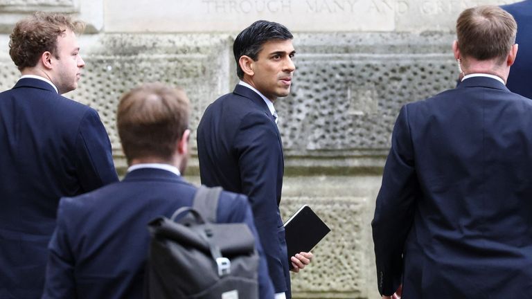 Britain's Chancellor of the Exchequer Rishi Sunak walks in Downing Street in London, Britain February 22, 2022. REUTERS/Henry Nicholls