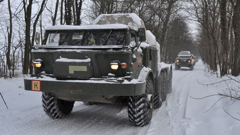 Self-propelled multiple rocket launcher systems of the Ukrainian Armed Forces drive during drills in the Kherson region, Ukraine, in this handout picture released February 1, 2022. Ukrainian Armed Forces Press Service/Handout via REUTERS ATTENTION EDITORS - THIS IMAGE HAS BEEN SUPPLIED BY A THIRD PARTY.
