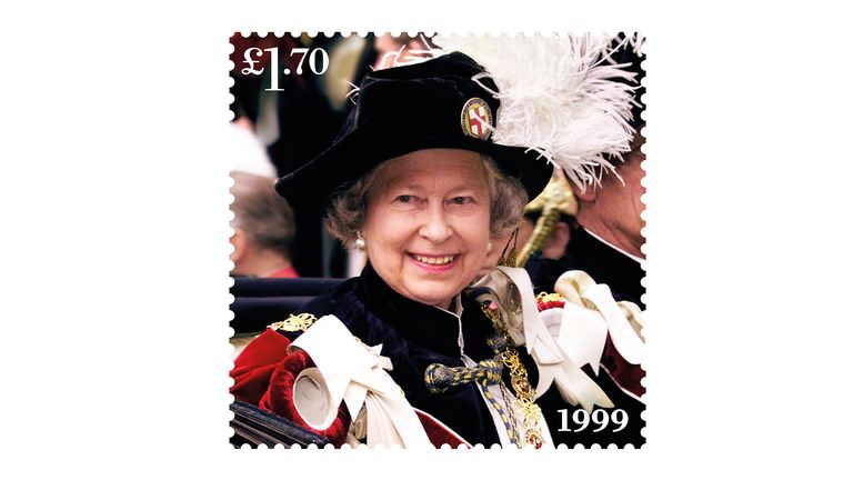 EMBARGOED TO 0001 FRIDAY FEBRUARY 4 Undated handout photo issued by the Royal mail of one of eight new stamps showing Queen Elizabeth II in her Order of the Garter robes in 1999, which has been issued to mark the monarch&#39;s Platinum Jubilee. Issue date: Friday February 4, 2022.
