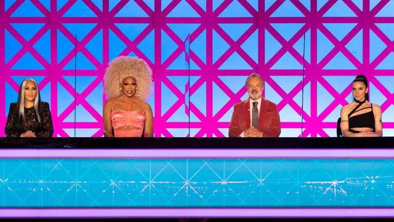 L-R: Michelle Visage, RuPaul, Graham Norton and Mel C in RuPaul&#39;s Drag Race UK vs The World. Pic: BBC/World of Wonder/Guy Levy