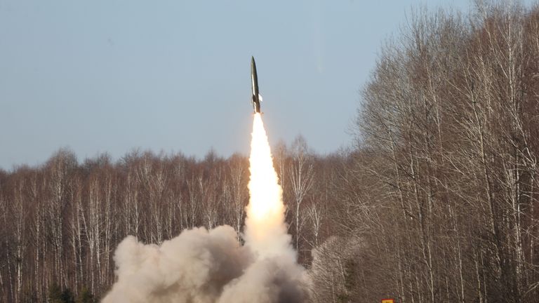 The OTR-21 Tochka-U missile system launches a missile during military exercises held by the armed forces of Russia and Belarus in the Gomel region, Belarus, February 15, 2022. Ramil Nasibulin/BelTA/Handout via REUTERS ATTENTION EDITORS - THIS IMAGE HAS BEEN SUPPLIED BY A THIRD PARTY. MANDATORY CREDIT. NO RESALES. NO ARCHIVES.
