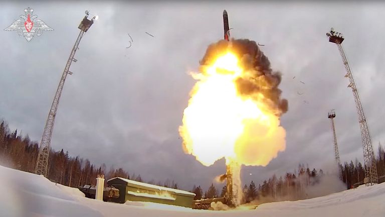 A Russian Yars intercontinental ballistic missile is launched during the exercises by nuclear forces in an unknown location in Russia, in this still image taken from video released February 19, 2022. Russian Defence Ministry/Handout via REUTERS ATTENTION EDITORS - THIS IMAGE WAS PROVIDED BY A THIRD PARTY. NO RESALES. NO ARCHIVES. MANDATORY CREDIT.
