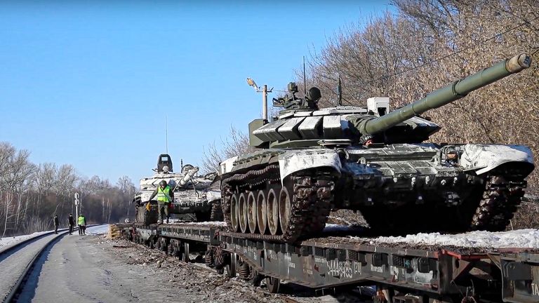 Russia says some of its tanks have been loaded on to trains to return to their bases. Pic: AP/Russian defence ministry