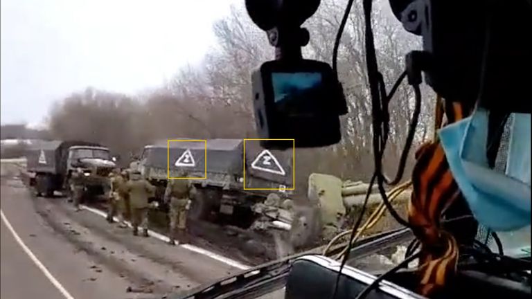 The 'Z' symbol inside a triangle was seen on trucks in Belgorod oblast just seven miles from the Ukrainian border. 