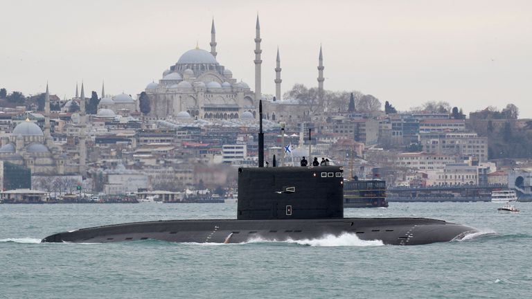 The Russian Navy&#39;s submarine Rostov-on-Don in the Bosphorus, Istanbul, on its way to the Black Sea