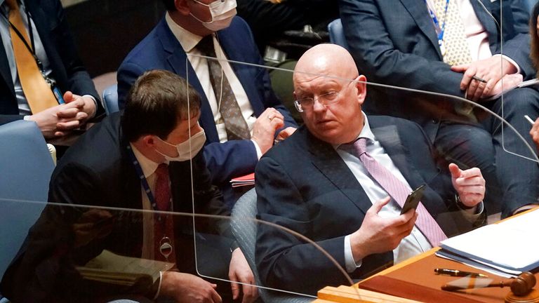 Russia&#39;s UN Ambassador Vasily Nebenzya, right, consults with a member of his delegation in the United Nations Security Council. Pic: AP
