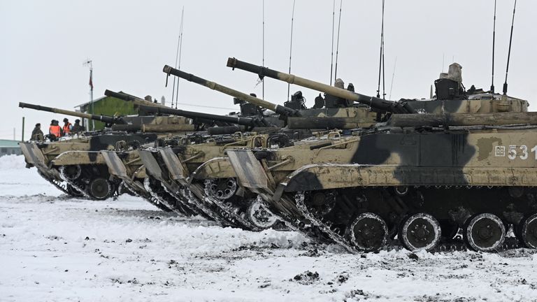 Russian military vehicles pictured during drills in the Rostov region near Ukraine