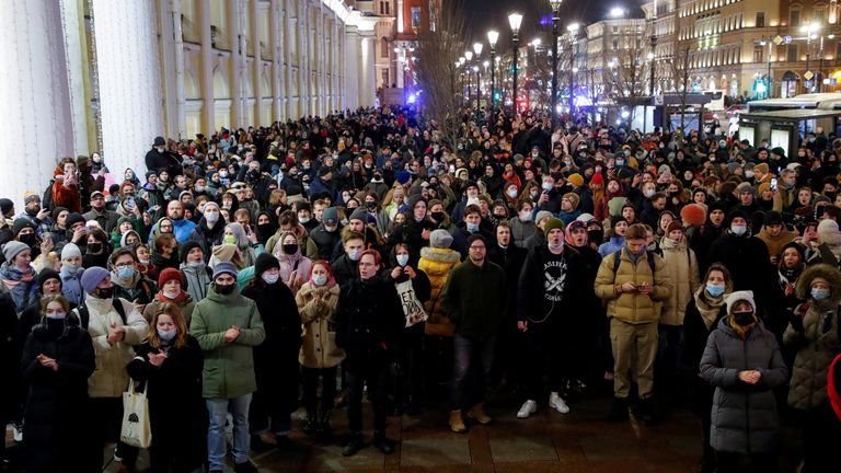 Hundreds assembled in Saint Petersburg, Russia to voice their opposition to Putin&#39;s invasion of Ukraine 