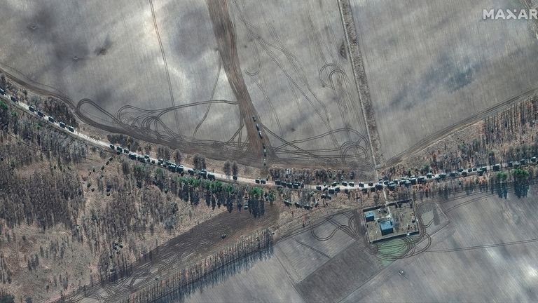 This satellite image provided by Maxar Technologies shows the southern end of a convoy, east of Antonov airport, Ukraine, Monday Feb. 28, 2022. (Satellite image ..2022 Maxar Technologies via AP)
PIC:AP
