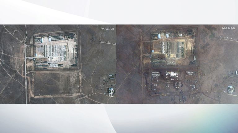На спутниковом снимке (справа), сделанном 1 февраля 2022 г., видно значительное скопление палаток по сравнению со снимком (слева), сделанным 15 сентября 2021 г. Фото: спутниковый снимок © Maxar Technologies, 2022 г.