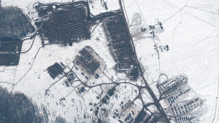 A satellite image shows troops and equipment at the Kursk training area, Russia, February 14, 2022. Picture taken February 14, 2022. Maxar Technologies/Handout via REUTERS ATTENTION EDITORS - THIS IMAGE HAS BEEN SUPPLIED BY A THIRD PARTY. NO RESALES. NO ARCHIVES. MANDATORY CREDIT. DO NOT OBSCURE LOGO
CREDIT:MAXAR/REUTERS