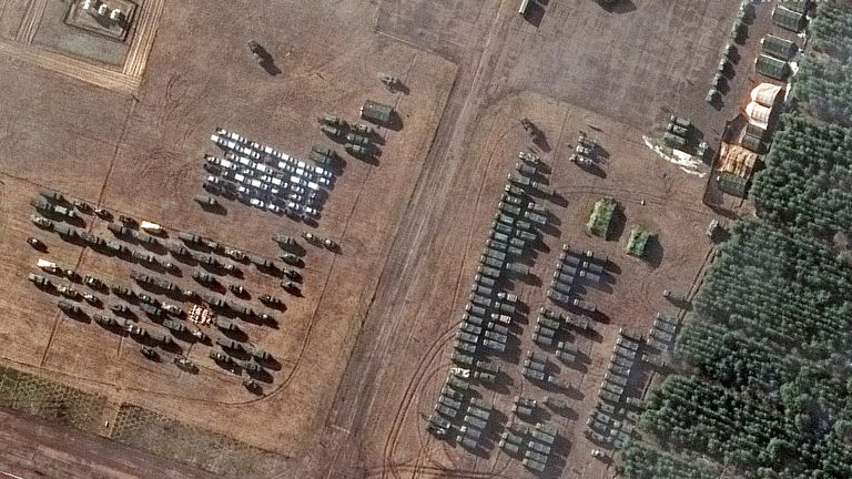 Russian military vehicles at V D Bolshoy Bokov airfield, near Mazyr, Belarus, 22 February, 2022 Pic: Maxar Technologies