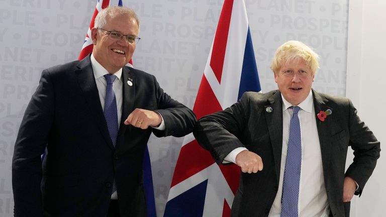 Australian Prime Minister Scott Morrison poses with his British counterpart Boris Johnson at the G20 Summit in Rome in October 
