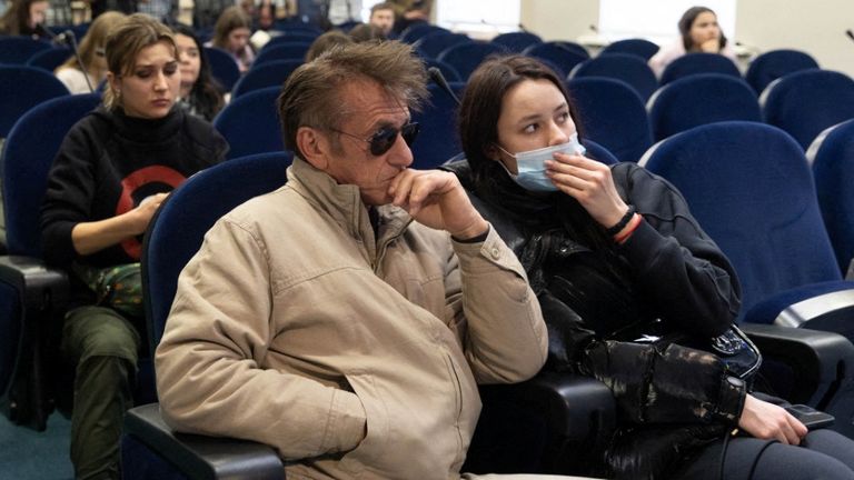 Actor and director Sean Penn attends a press briefing at the Presidential Office in Kyiv, Ukraine February 24, 2022. Ukrainian Presidential Press Service/Handout via REUTERS ATTENTION EDITORS - THIS IMAGE WAS PROVIDED BY A THIRD PARTY.