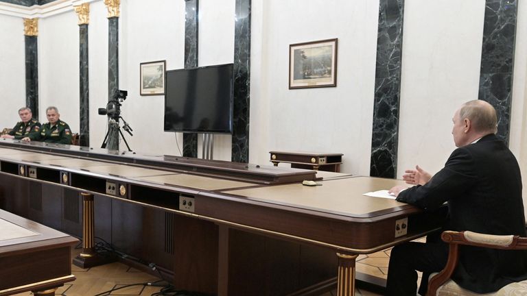 Russian Defence Minister Sergei Shoigu and Chief of the General Staff of Russian Armed Forces Valery Gerasimov attend a meeting with Russian President Vladimir Putin in Moscow, Russia February 27, 2022. Sputnik/Aleksey Nikolskyi/Kremlin via REUTERS ATTENTION EDITORS - THIS IMAGE WAS PROVIDED BY A THIRD PARTY.
