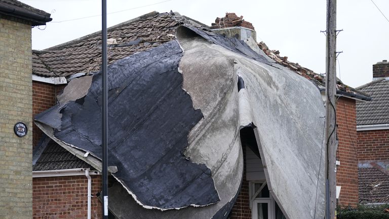 A view of part of a flat roof from a nearby block of flats which was blown off and landed on a house in Bitterne, Southampton, as Storm Eunice brought damage, disruption and record-breaking gusts of wind to the UK and Ireland, leading to the deaths of at least four people.  Picture date: Saturday February 19, 2022