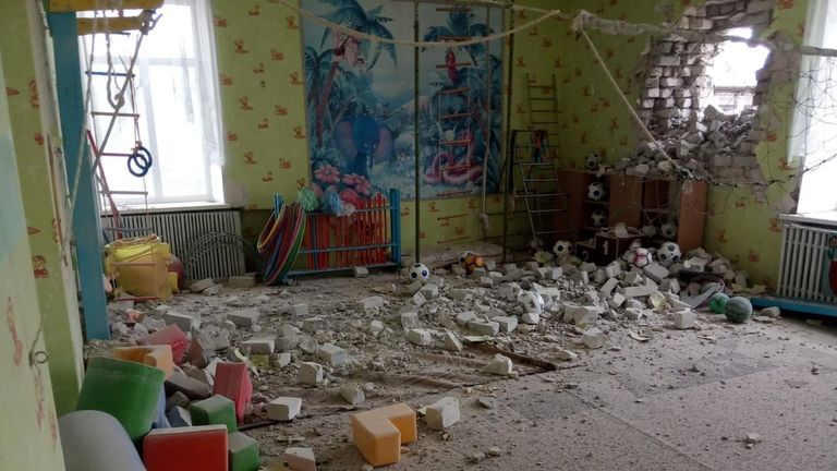 An exterior view shows a kindergarten, which according to Ukraine&#39;s military officials was damaged by shelling, in Stanytsia Luhanska in the Luhansk region, Ukraine, in this handout picture released February 17, 2022. Press Service of the Joint Forces Operation/Handout via REUTERS ATTENTION EDITORS - THIS IMAGE HAS BEEN SUPPLIED BY A THIRD PARTY.
