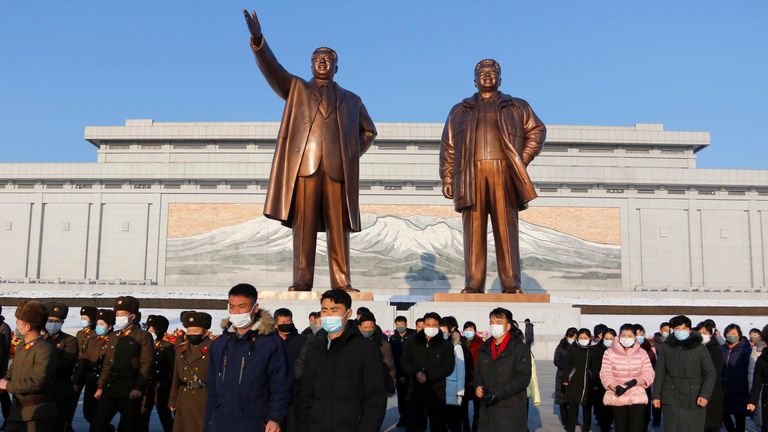 Citizens visit the statues of President Kim Il Sung and Chairman Kim Jong Il on Mansu Hill in Pyongyang, DPRK, on the occasion of the 80th birth anniversary of Chairman Kim Jong Il on Wednesday, February 16, 2022. (AP Photo/Jon Chol Jin)
PIC:AP