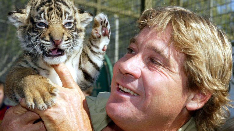Australia&#39;s &#39;Crocodile Hunter&#39; Steve Irwin holds a pure bred Sumatran tiger cub at Mogo Zoo south of Sydney April 27, 2004. Irwin will take delivery of three cubs and raise the animals at his Australia Zoo in Queensland as part of a breeding programme for this endangered species which numbers as few as 400 in the world.