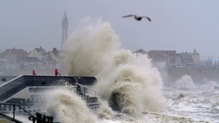 Waves crashing on the seafront at Blackpool before Storm Dudley hits the north of England/southern Scotland from Wednesday night into Thursday morning, closely followed by Storm Eunice, which will bring strong winds and the possibility of snow on Friday. Picture date: Wednesday February 16, 2022.