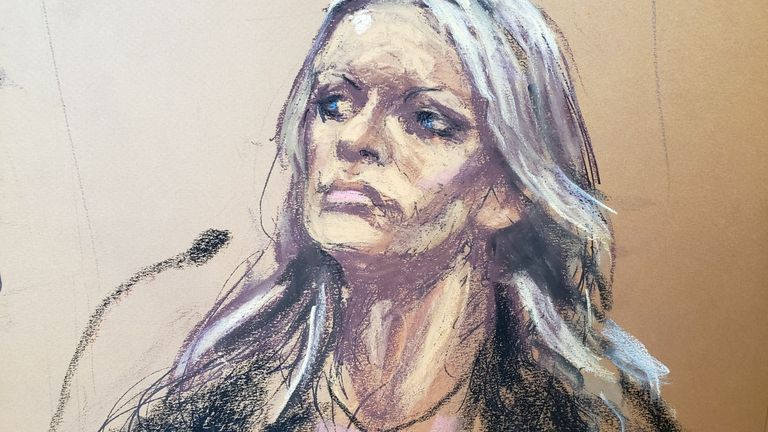 Former attorney Michael Avenatti (not seen) cross-examines witness Stormy Daniels during his criminal trial at the United States Courthouse in the Manhattan borough of New York City, U.S., January 28, 2022 in this courtroom sketch. REUTERS/Jane Rosenberg