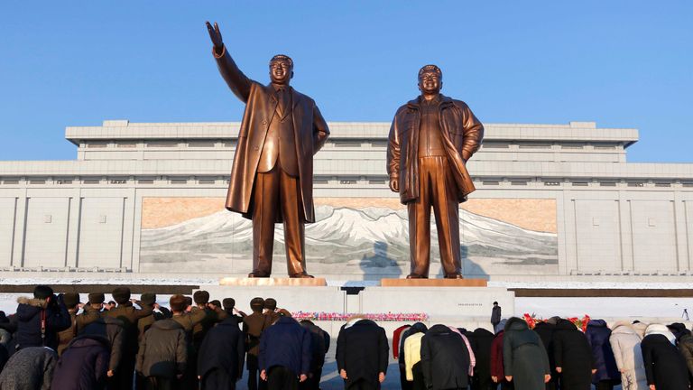 Citizens pay tribute to the statues of President Kim Il Sung and Chairman Kim Jong Il on Mansu Hill in Pyongyang, DPRK, on the occasion of the 80th birth anniversary of Chairman Kim Jong Il on Wednesday, February 16, 2022. (AP Photo/Jon Chol Jin)
PIC:AP