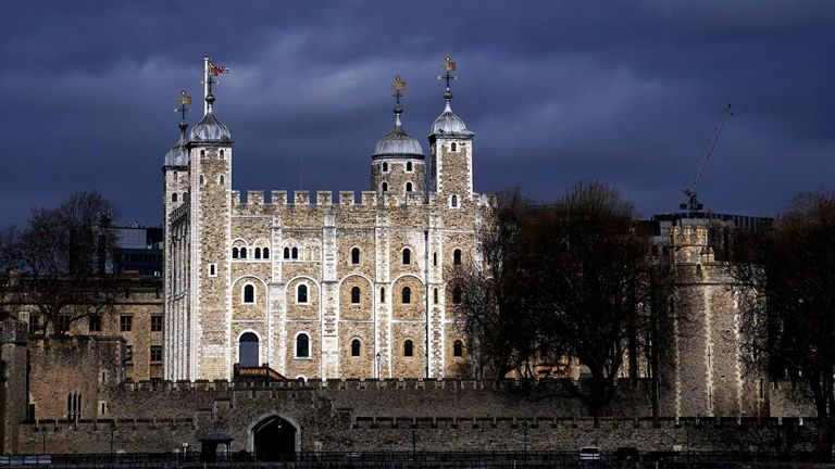 The Tower of London is seen as Storm Eunice sweeps across the UK in February
