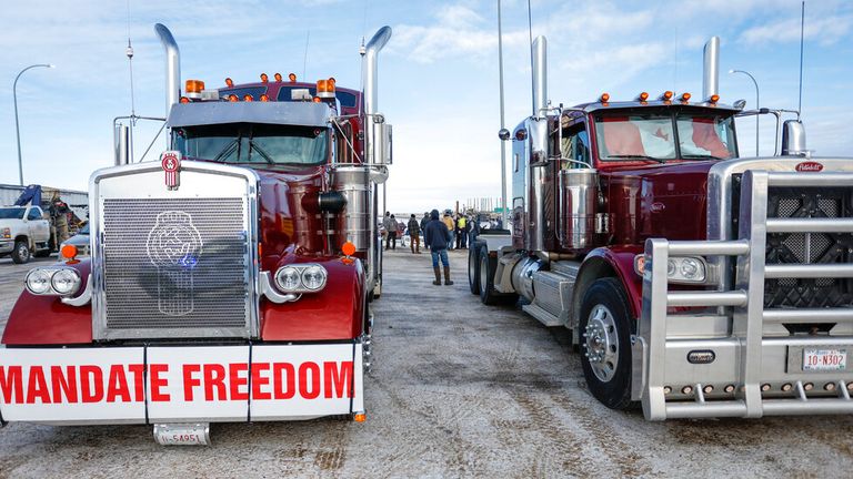 Demonstrators block a highway in Milk River, Alberta last week. Pic: AP