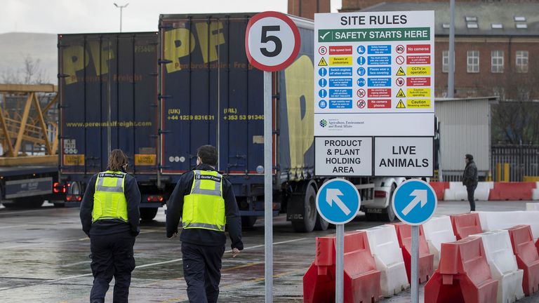 UK Border Force officers at the NI Department of Agriculture, Environment and Rural Affairs (DAERA) Northern Ireland Point of Entry (POE) site on Milewater Road in Belfast at the Port of Belfast. Picture date: Monday January 31 2021.