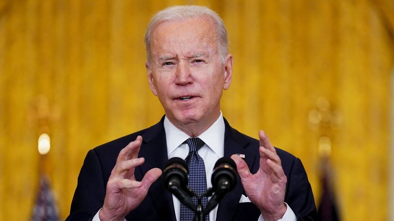 U.S. President Joe Biden speaks about the situation in Russia and Ukraine from the White House in Washington, U.S., February 15, 2022. REUTERS/Kevin Lamarque
