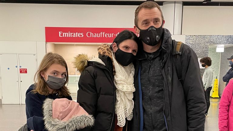 Paul Meakin, his wife Svetlana and their daughter arrive at Gatwick from Kyiv, Ukraine. Thousands of Britons are being urged to flee Ukraine immediately over growing concerns that Russia could launch an invasion in the coming days, while diplomatic efforts to avert war continue. Picture date: Saturday February 12, 2022.