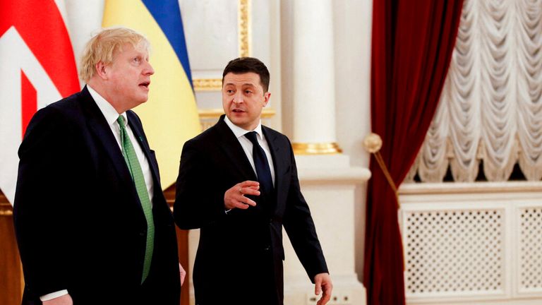 Prime Minister Boris Johnson in Kyiv, Ukraine as he holds crisis talks with Ukrainian president Volodymyr Zelensky amid rising tensions with Russia. Picture date: Tuesday February 1, 2022. PA Photo. See PA story POLITICS Ukraine. Photo credit should read: Peter Nicholls/PA Wire 