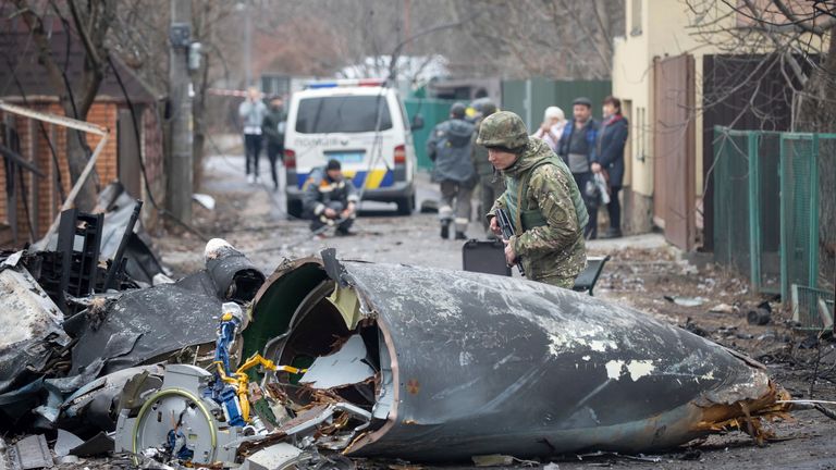 A Ukrainian Army soldier inspects fragments of a downed aircraft in Kyiv, Ukraine It was unclear what aircraft crashed and what brought it down amid the Russian invasion in Ukraine. Russia is pressing its invasion of Ukraine to the outskirts of the capital after unleashing airstrikes on cities and military bases and sending in troops and tanks from three sides. (AP Photo/Vadim Zamirovsky)
PIC:AP