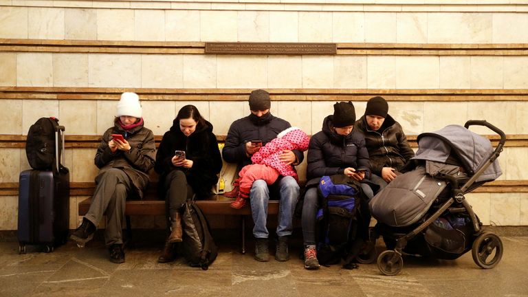 People take shelter in a subway station, after Russian President Vladimir Putin authorized a military operation in eastern Ukraine, in Kyiv, Ukraine February 24, 2022. REUTERS/Valentyn Ogirenko
