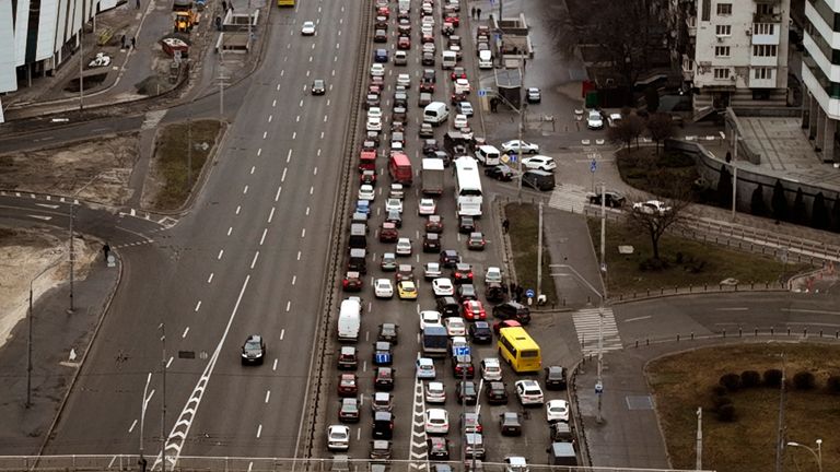 Traffic jams are seen as people leave the city of Kyiv, Ukraine