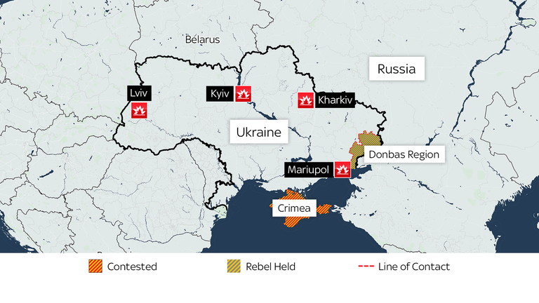 A map of Ukraine showing where there have been attacks
