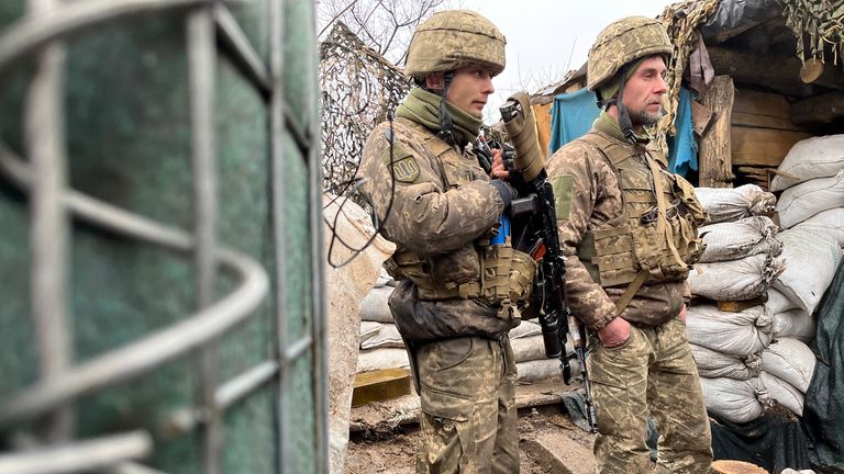 Ukrainian soldiers on the frontline in Popasne, eastern Ukraine