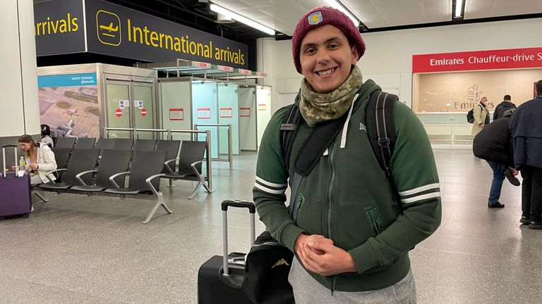 Haider Ali, 21, from Birmingham, arrives at Gatwick from Ukraine, where he studies at a medical university. Thousands of Britons are being urged to flee Ukraine immediately over growing concerns that Russia could launch an invasion in the coming days, while diplomatic efforts to avert war continue. Picture date: Saturday February 12, 2022.